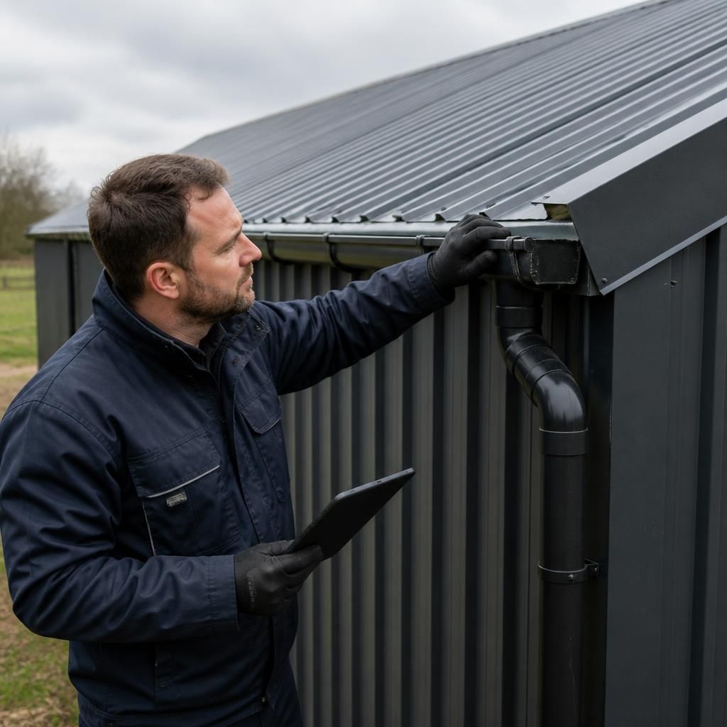 Technician inspecting a steel shed roof seal and guttering
