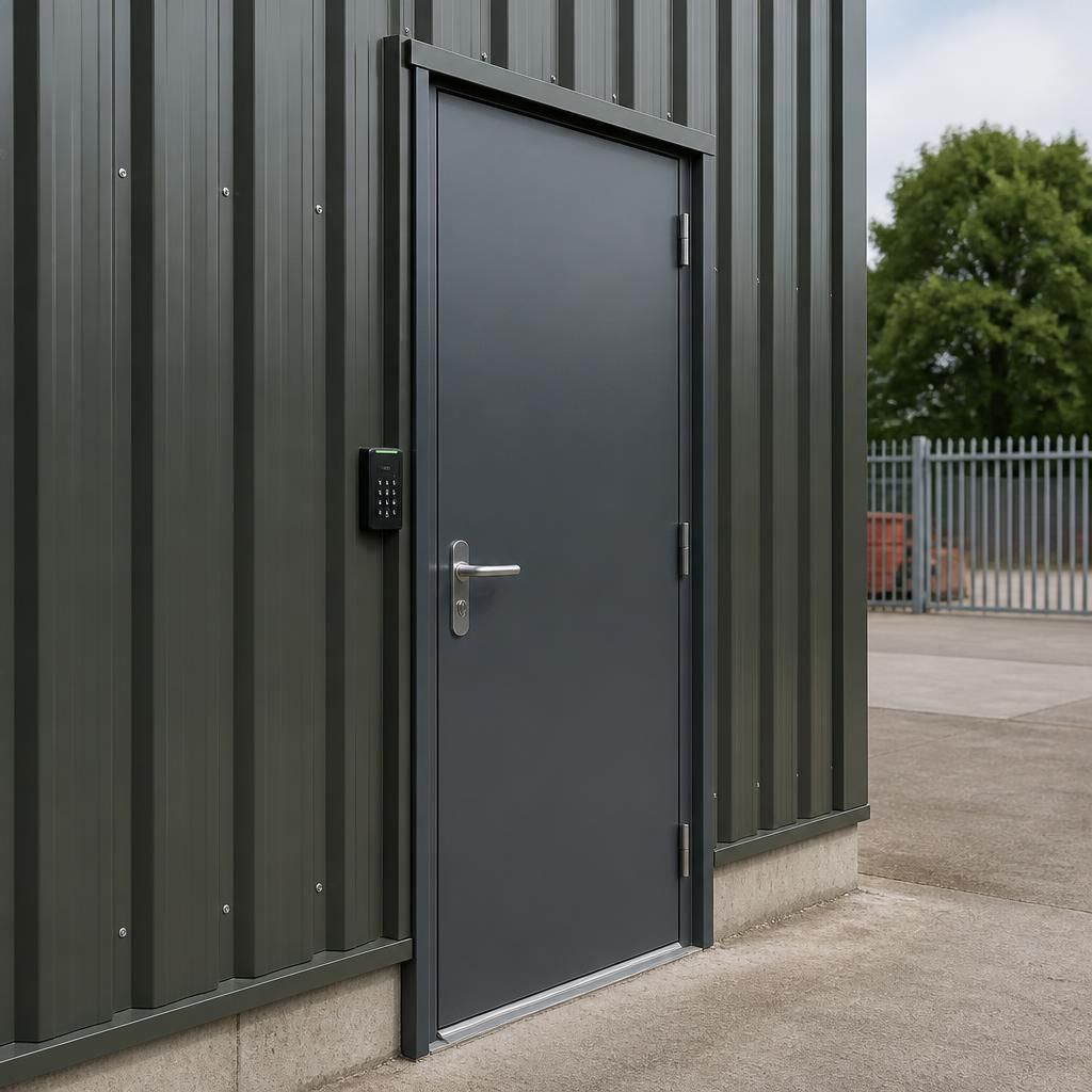 Steel personnel door fitted into the side of a clad metal storage shed