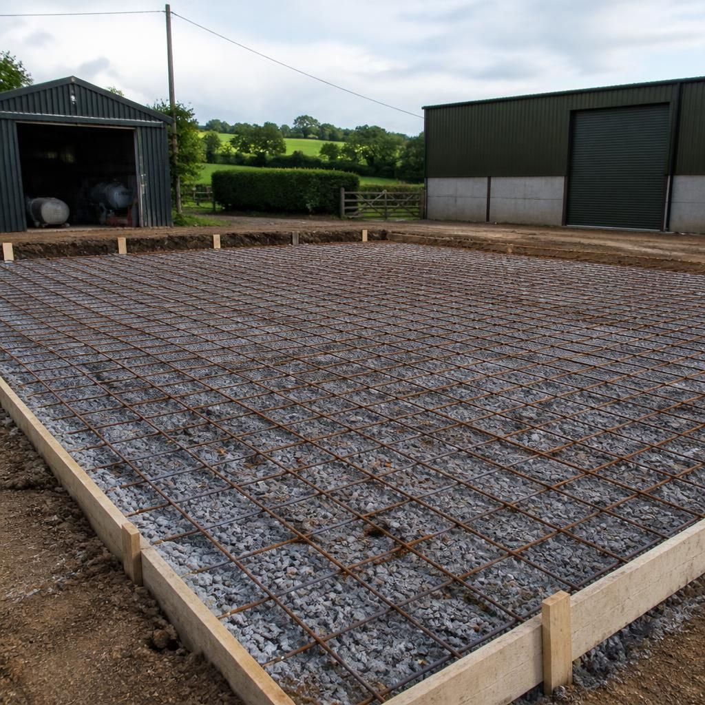 Compacted stone sub-base with steel reinforcement ready for a concrete slab