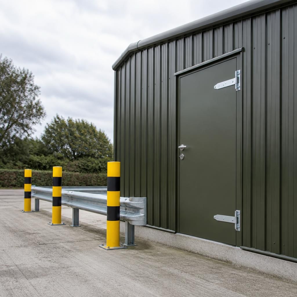 Steel storage shed door with protected hinges and tamper-resistant locking hardware