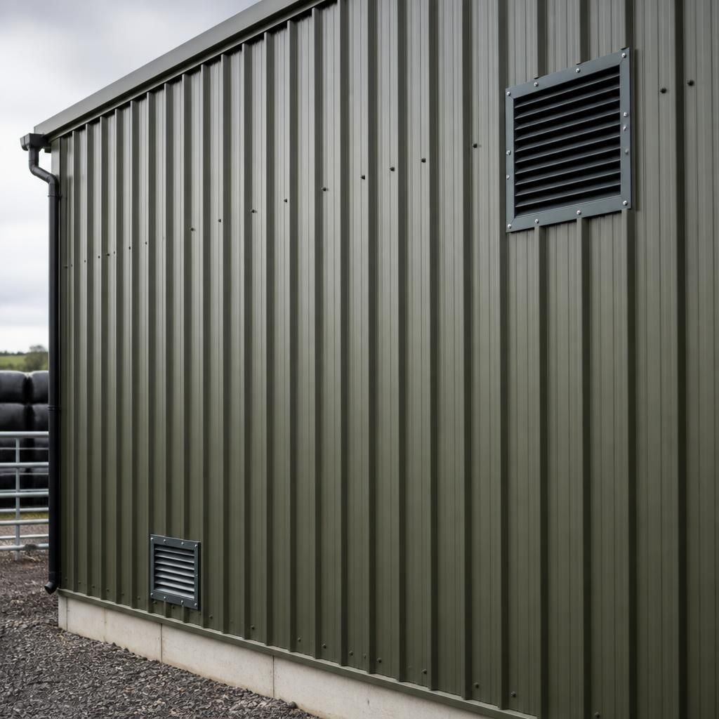 High- and low-level louvred vents fitted to opposite walls of a steel storage shed