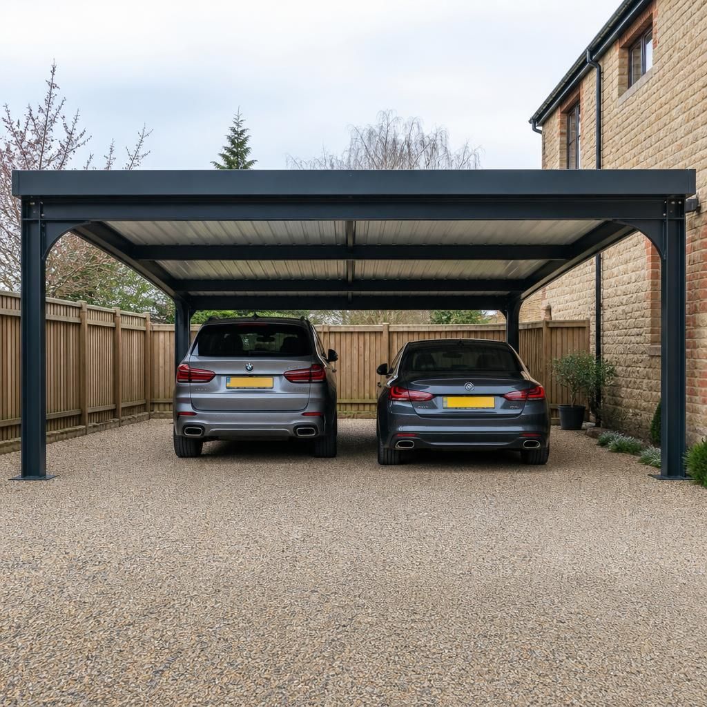 Wide steel carport frame with space for two vehicles parked side by side