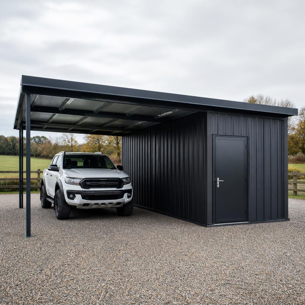 Steel carport with enclosed side storage and a personnel door