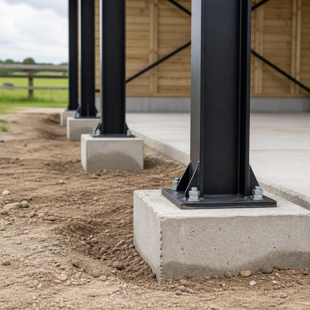 Steel carport posts fixed to concrete pad foundations