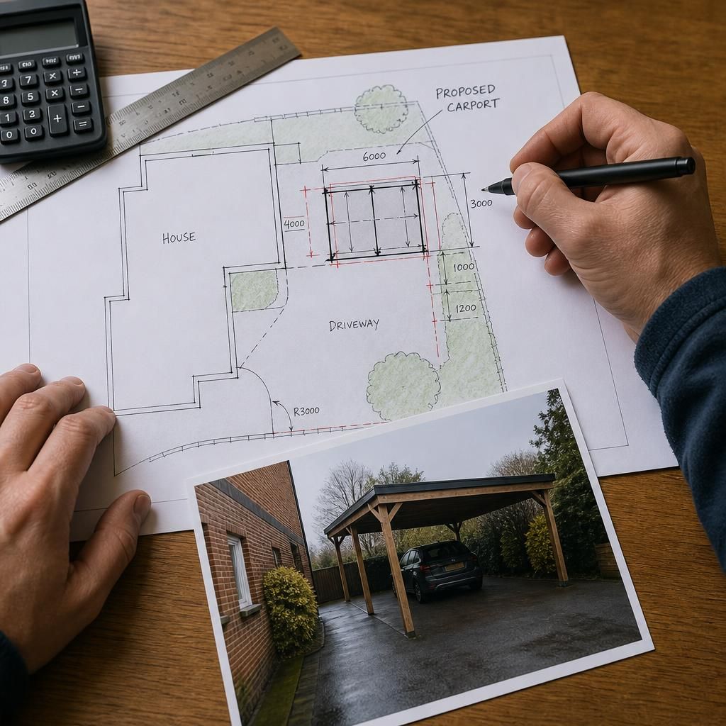 Marked-up site plan showing a proposed carport beside a house and driveway