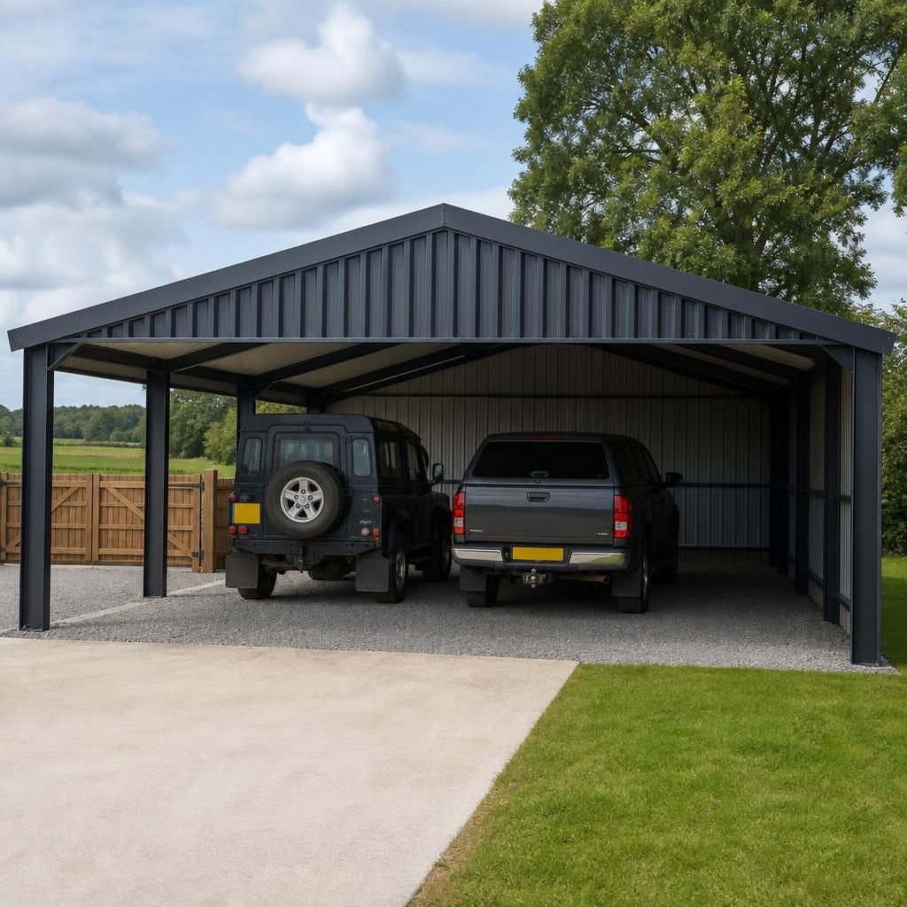 Steel carport with a duo-pitched roof and profiled metal covering