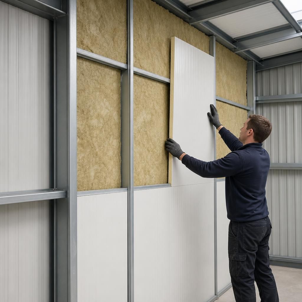 Steel garage wall section showing insulated panels and internal lining