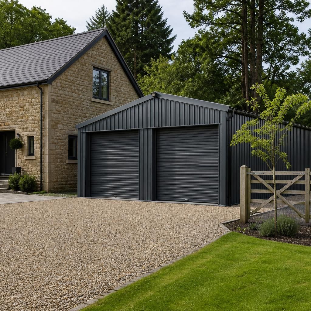 Steel garage beside a house with a pitched roof and vehicle access doors