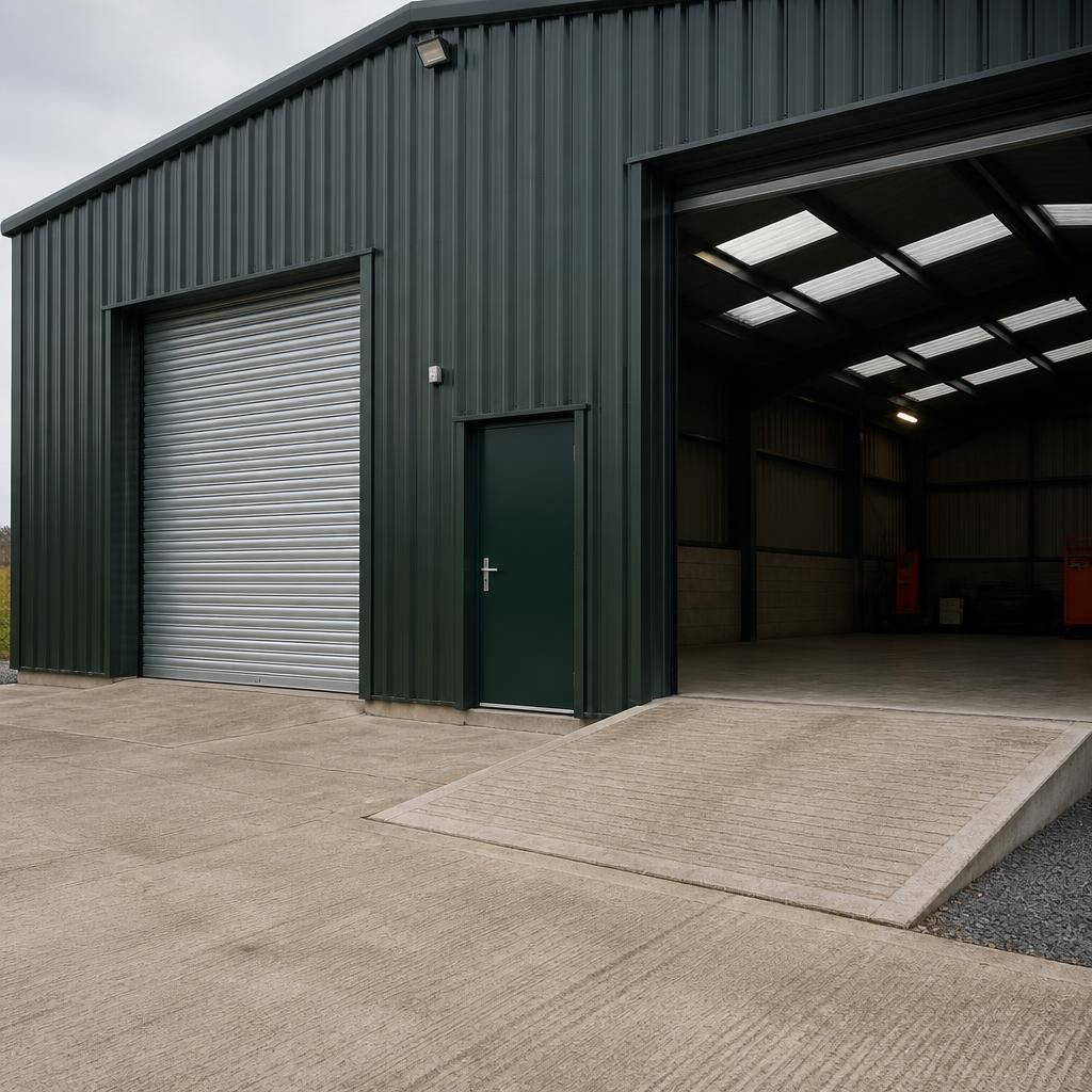 Steel garage with roller shutter door, personnel door and concrete approach