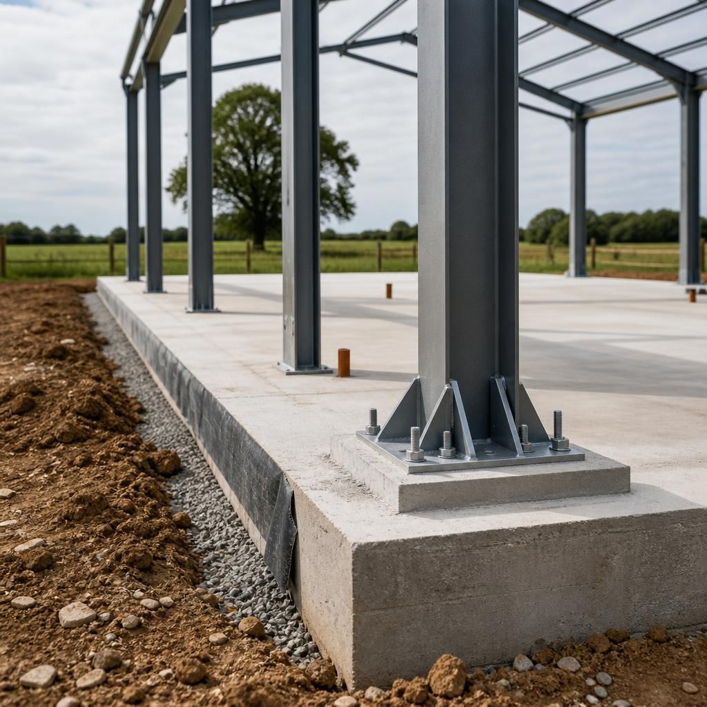 Steel garage frame fixed to a concrete foundation during construction
