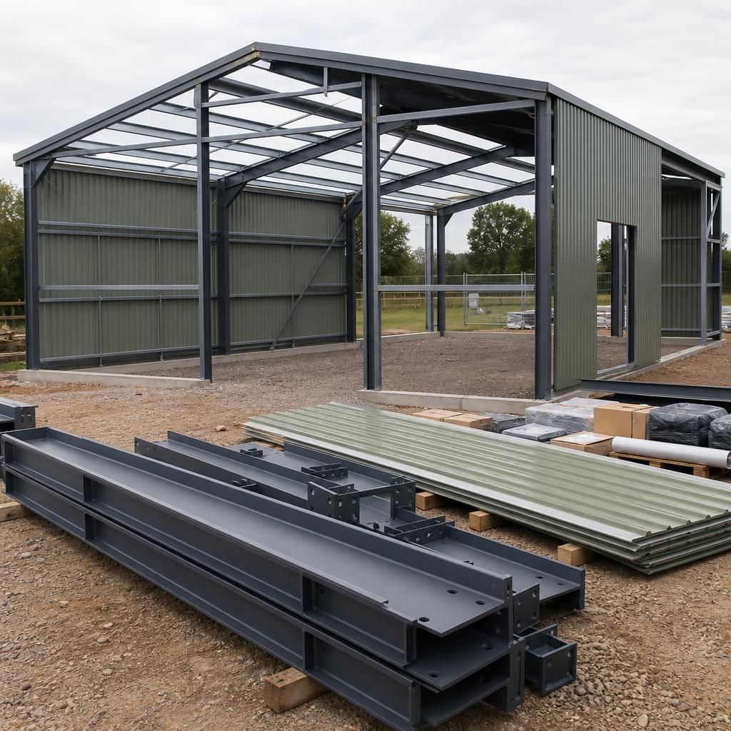 Hot rolled steel garage frame with roof and wall cladding panels ready for assembly