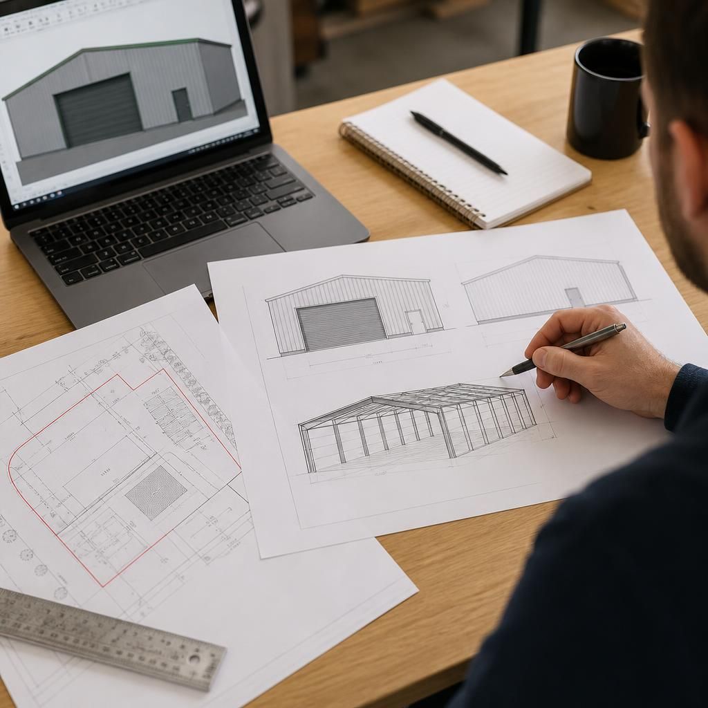 Steel garage elevation drawing beside a site plan and structural frame sketch