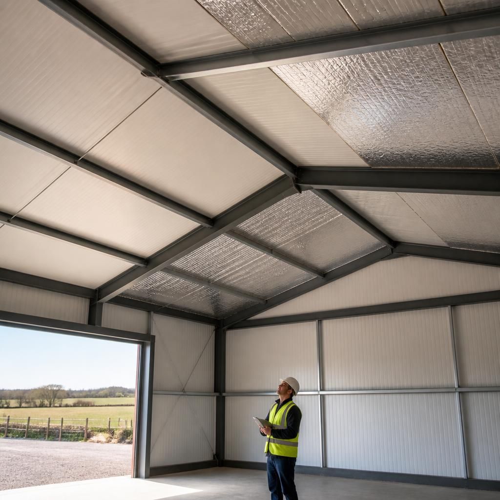 Steel shed roof showing insulated composite panels and internal lining