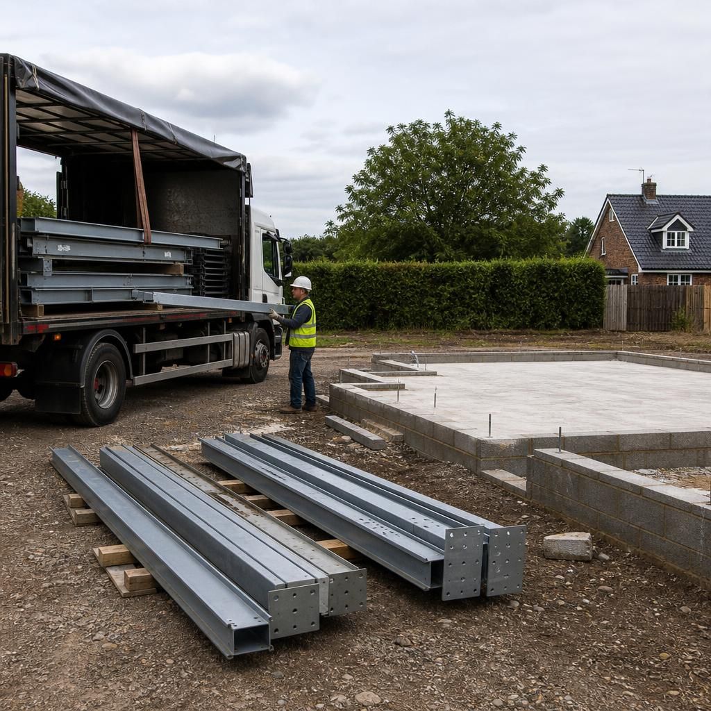 Steel frame components unloaded beside a prepared building foundation