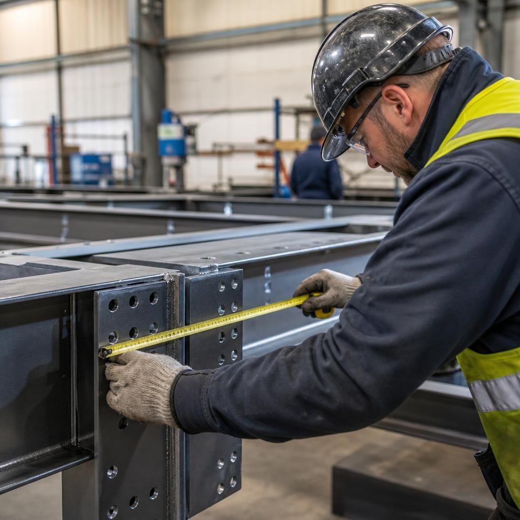 Fabricator checking the dimensions of a steel frame with measuring equipment