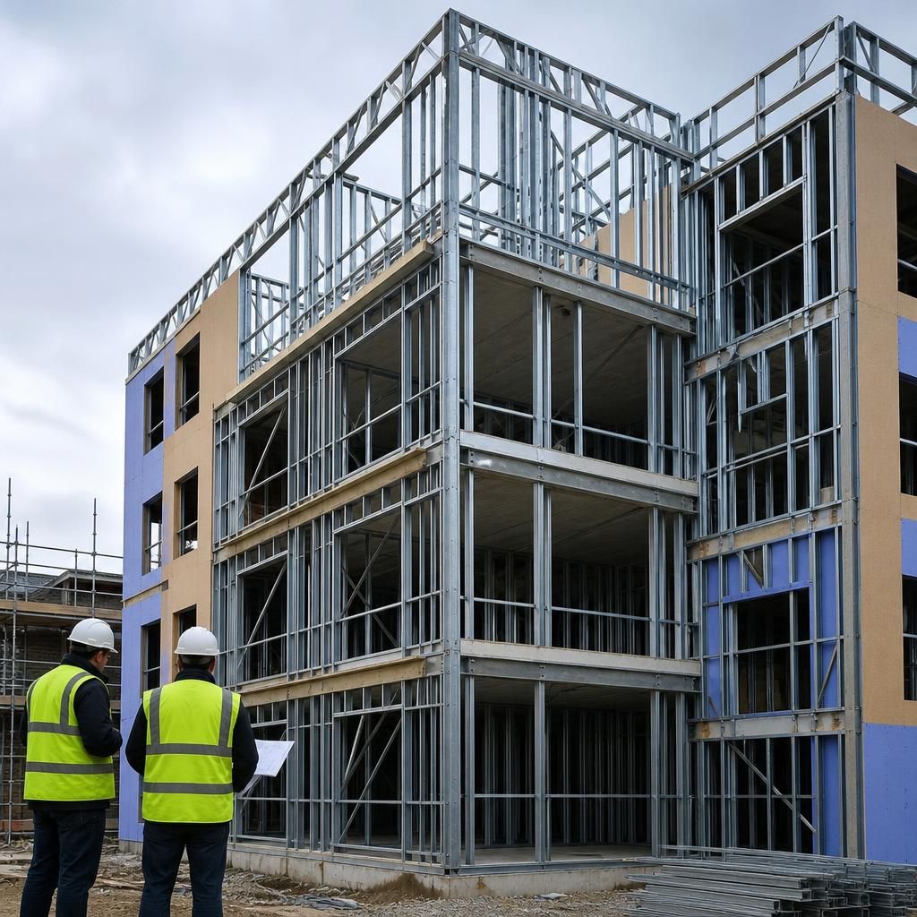 Multi-storey steel-framed building showing floor levels and wall panels