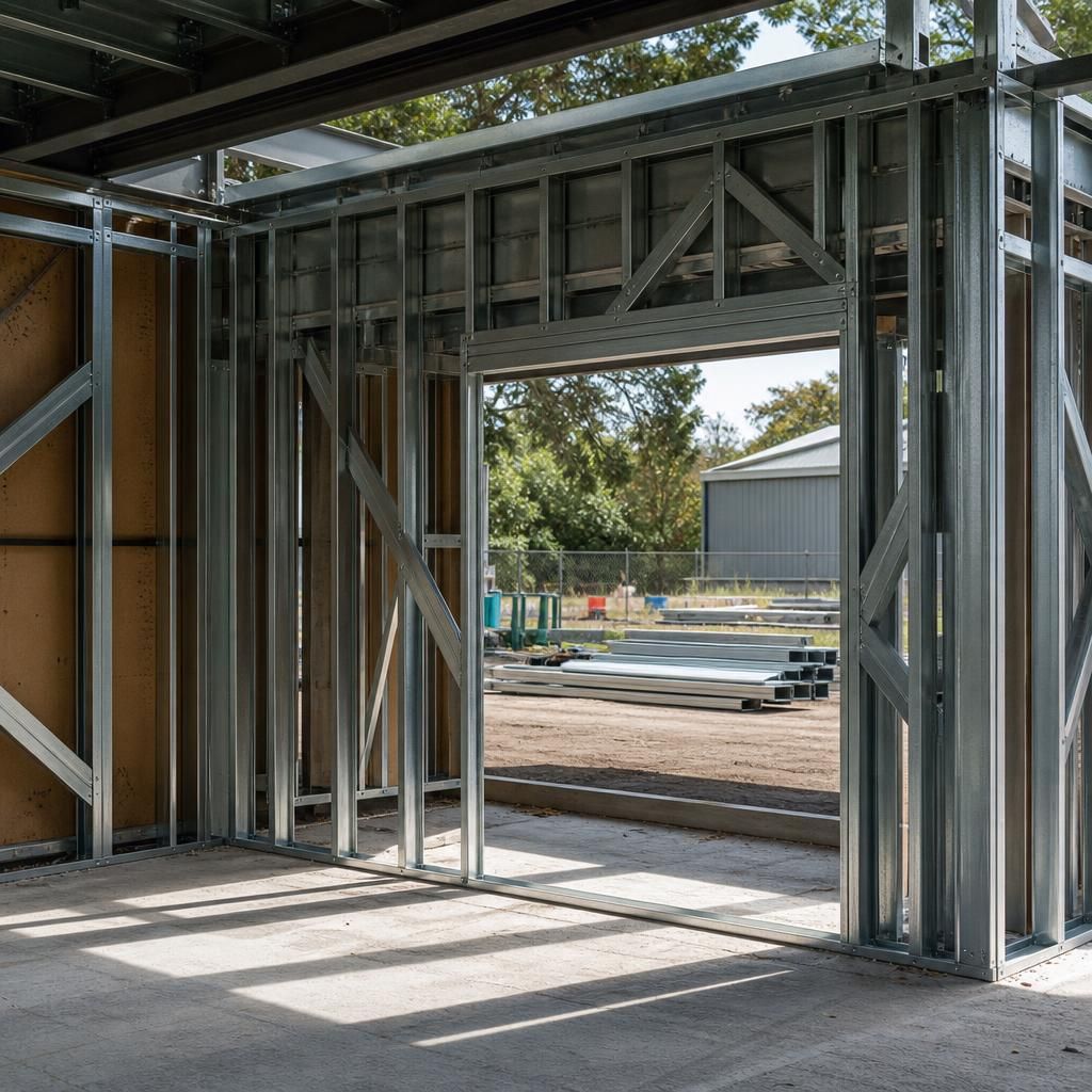 Light gauge steel wall frame with studs, tracks and bracing around a large opening