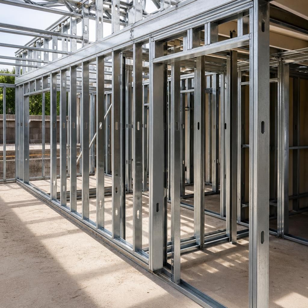 Light gauge steel wall framing with evenly spaced studs and service openings