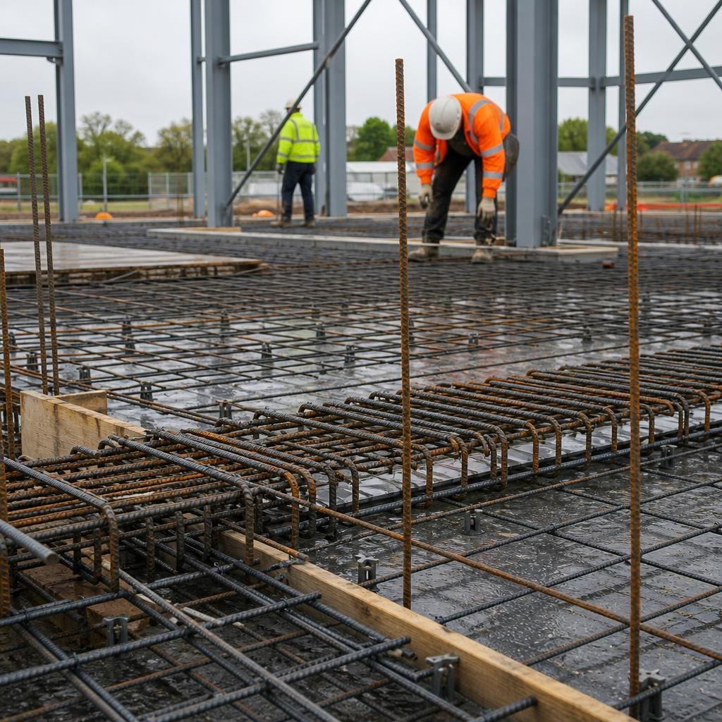 Steel reinforcement bars positioned within a concrete slab under construction