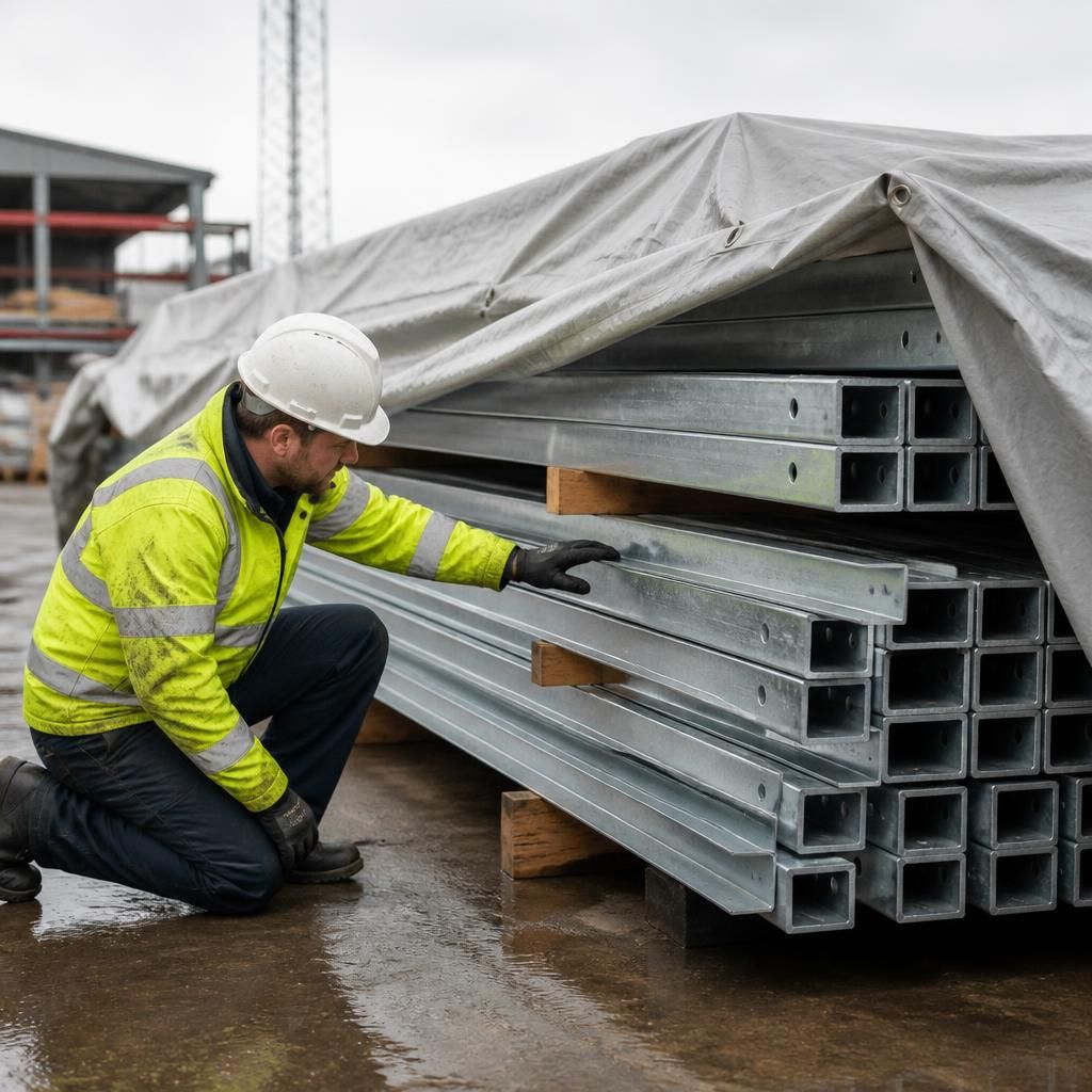 Galvanised steel sections stored on timber supports beneath a breathable cover