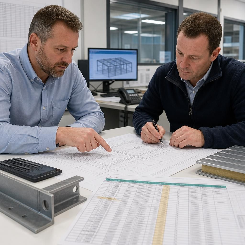 Materials schedule listing steelwork, cladding, fixings, quantities and specifications