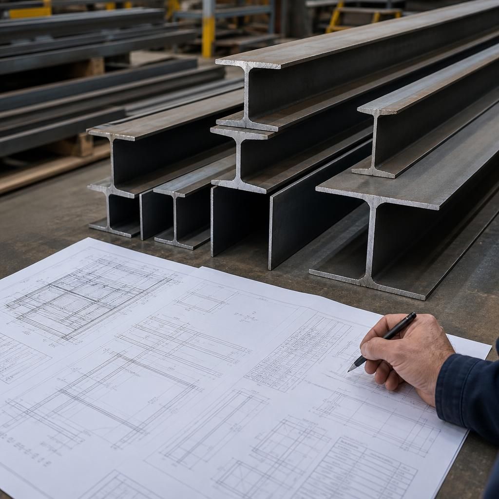 Structural steel sections and fabrication drawings on a workbench