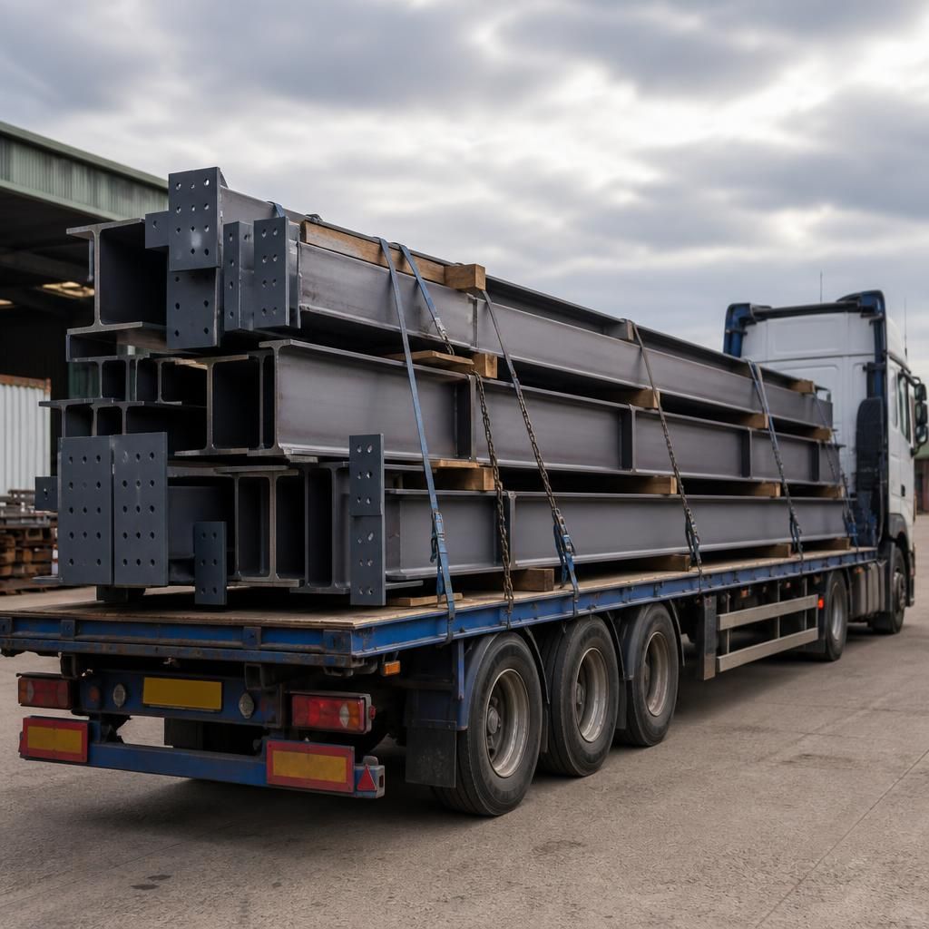 Steel beams secured on a transport vehicle ready for delivery to a construction site