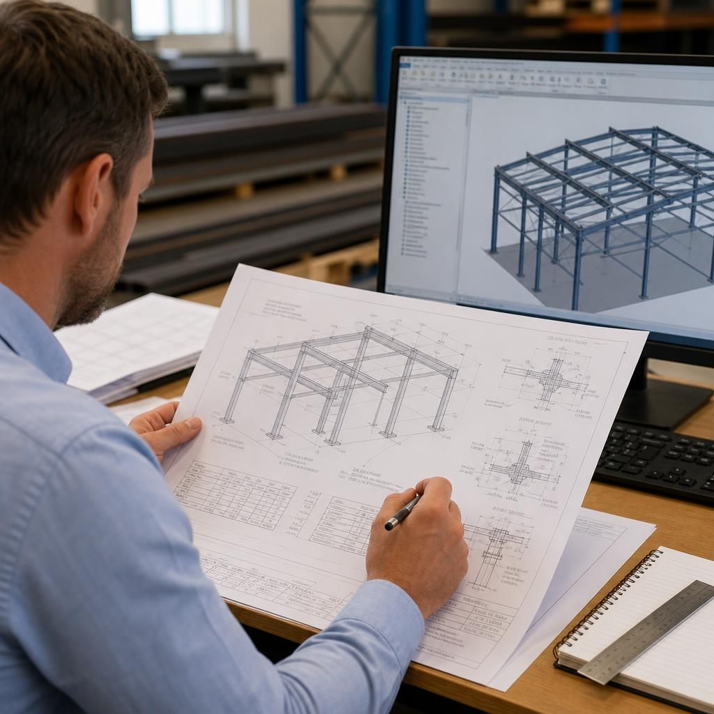 Engineer reviewing a structural steel frame drawing with beam and column details