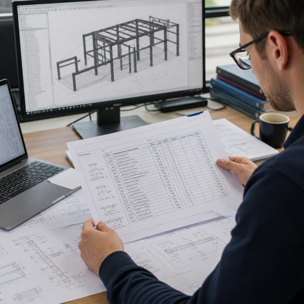 Engineer reviewing structural steel beam and column drawings with load and connection details