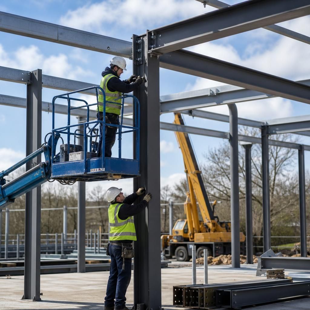 Steel erectors connecting beams and columns on a structural steel frame