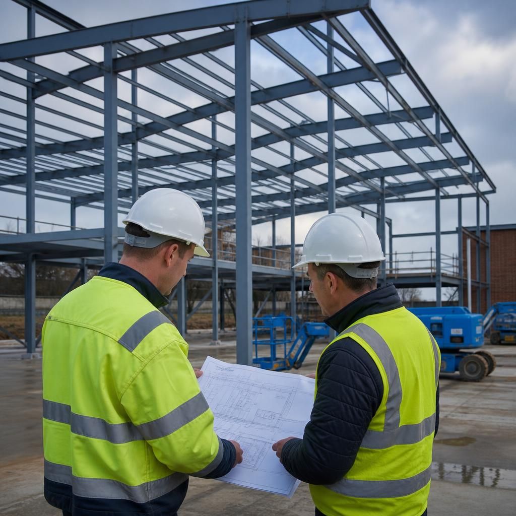 Steel frame with roof purlins and side rails prepared for cladding installation