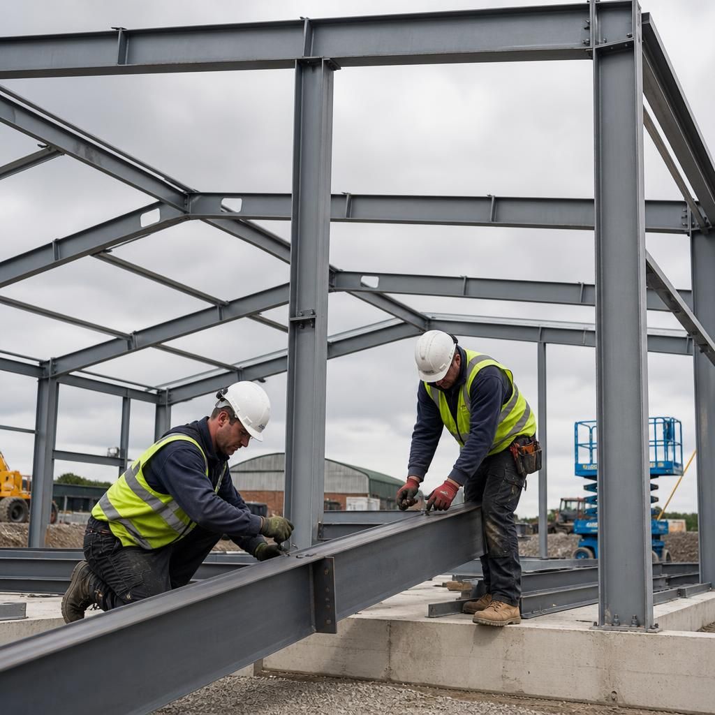 Steel frame members being assembled on a construction site