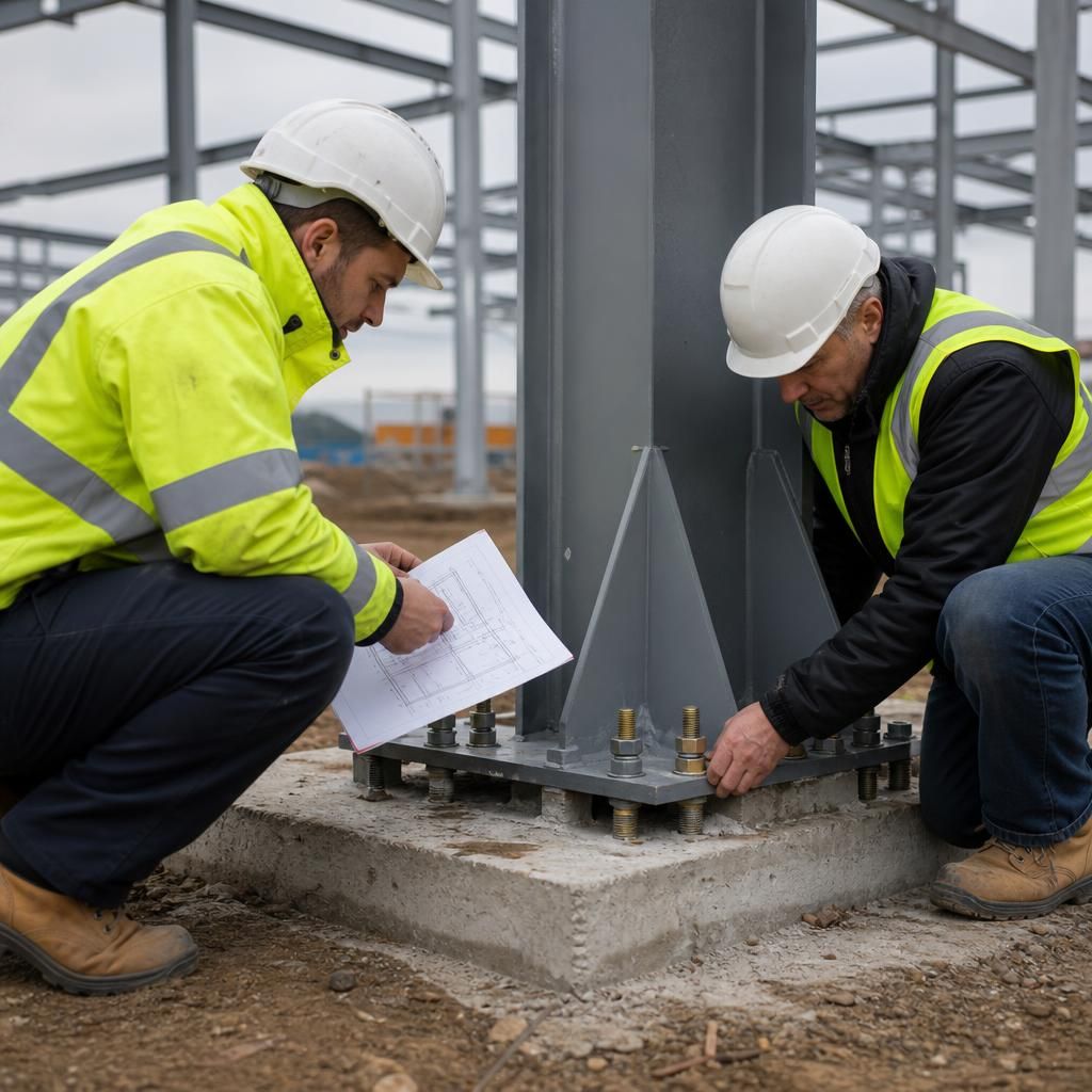 Structural steel connection detail with bolts, base plate and surrounding concrete foundation