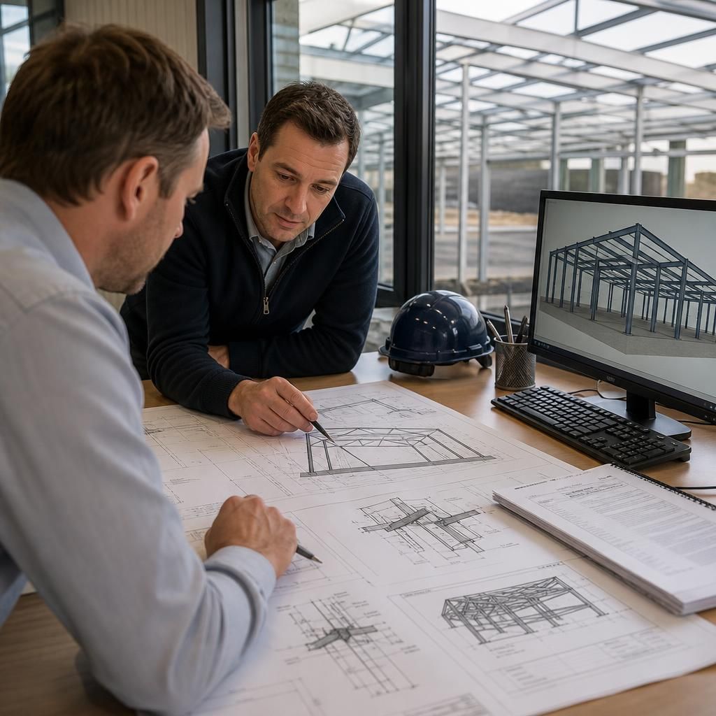 Structural steelwork quotation drawings showing frame dimensions, connections and member details