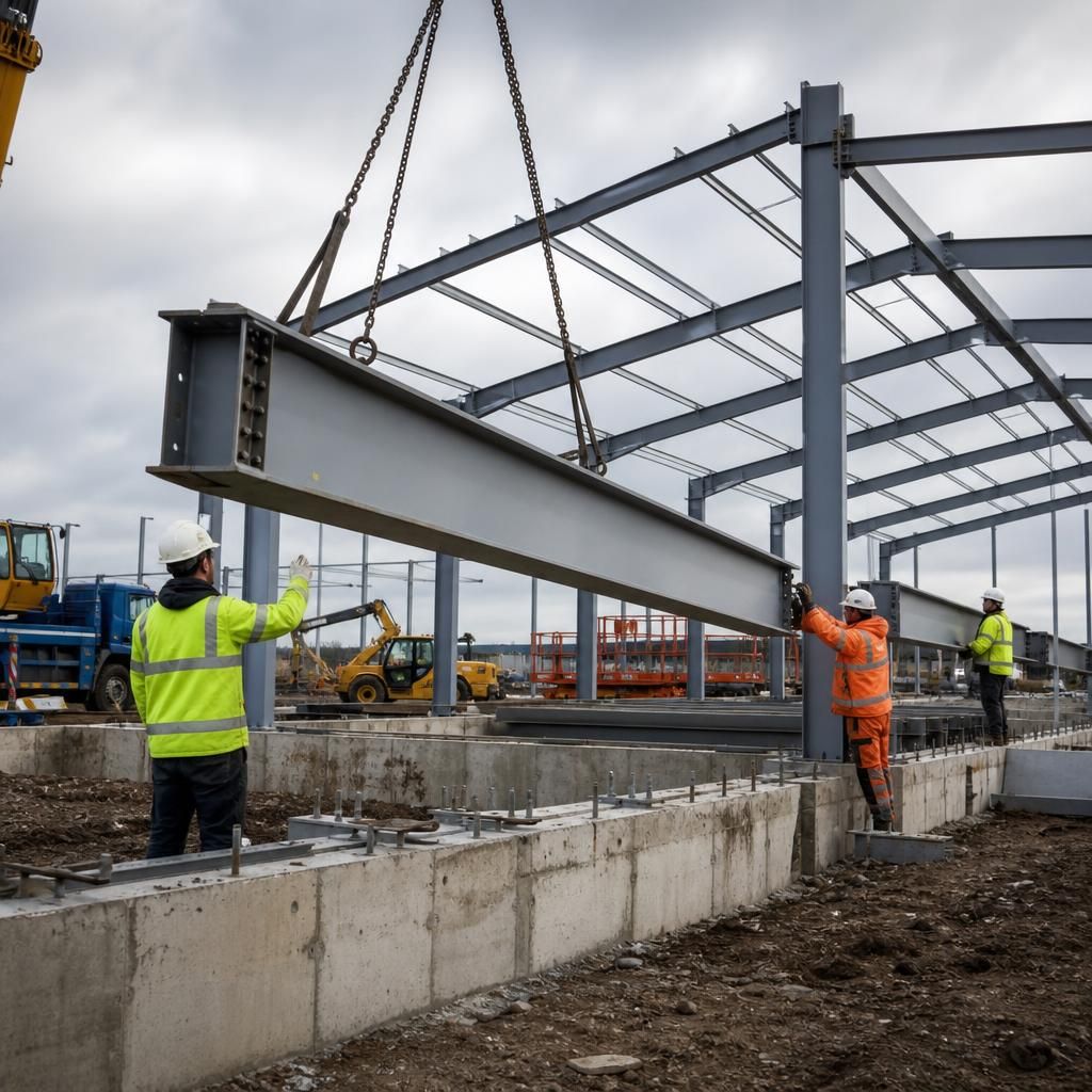 Steel frame sections being lifted into position beside prepared concrete foundations