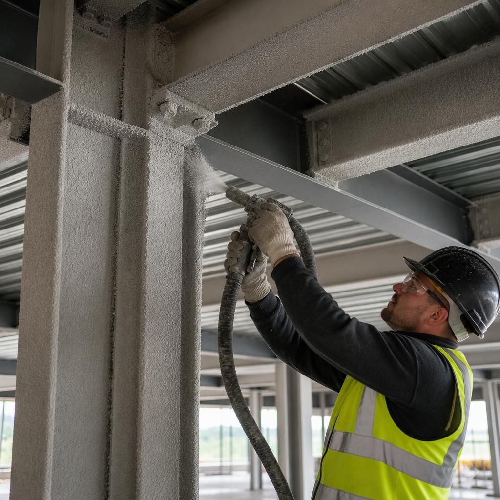 Steel frame with intumescent fire protection coating on beams and columns