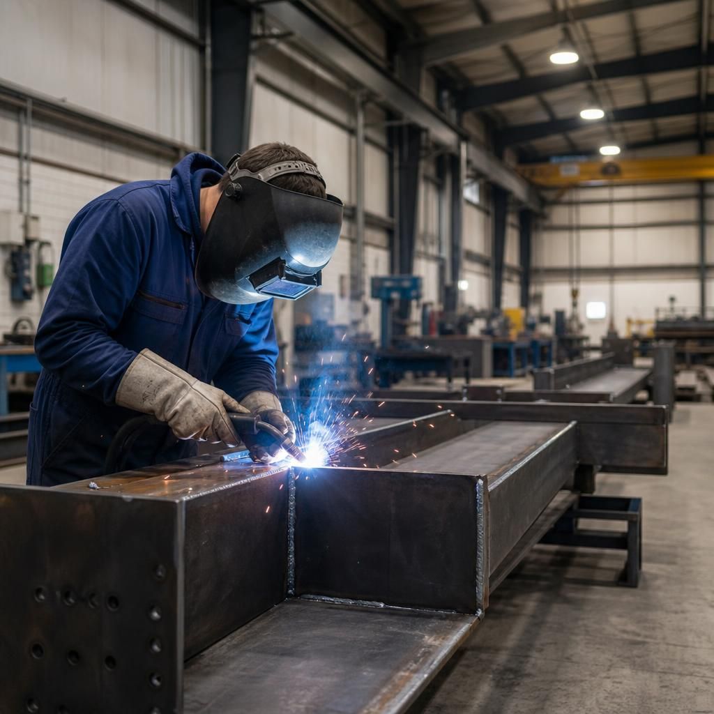 Fabricator inspecting welded joints on a structural steel frame