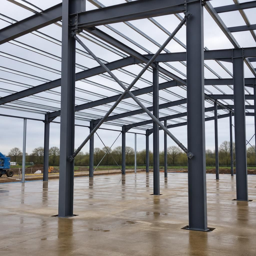 Steel portal frame with diagonal roof and wall bracing members