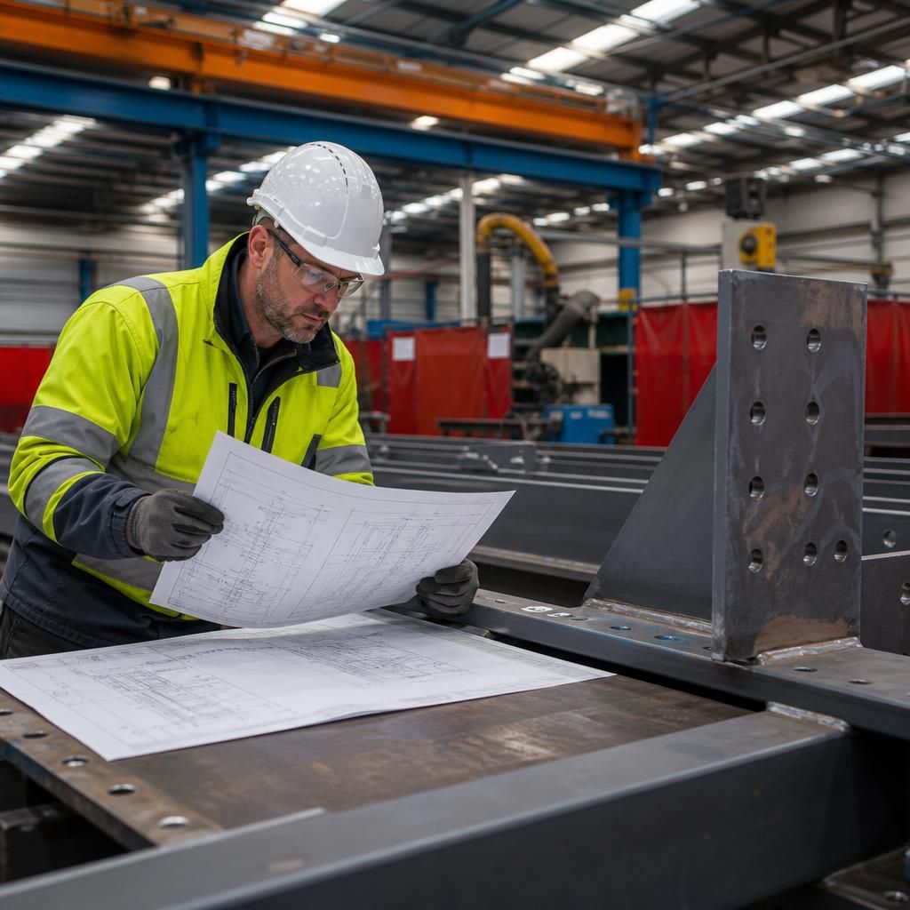Fabricators welding steel beams in a controlled workshop environment