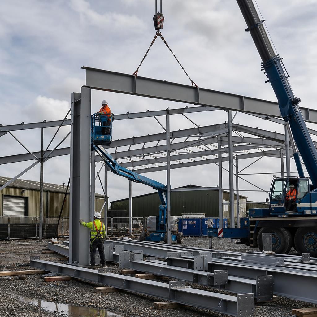 Steel beams and columns being assembled for an industrial building