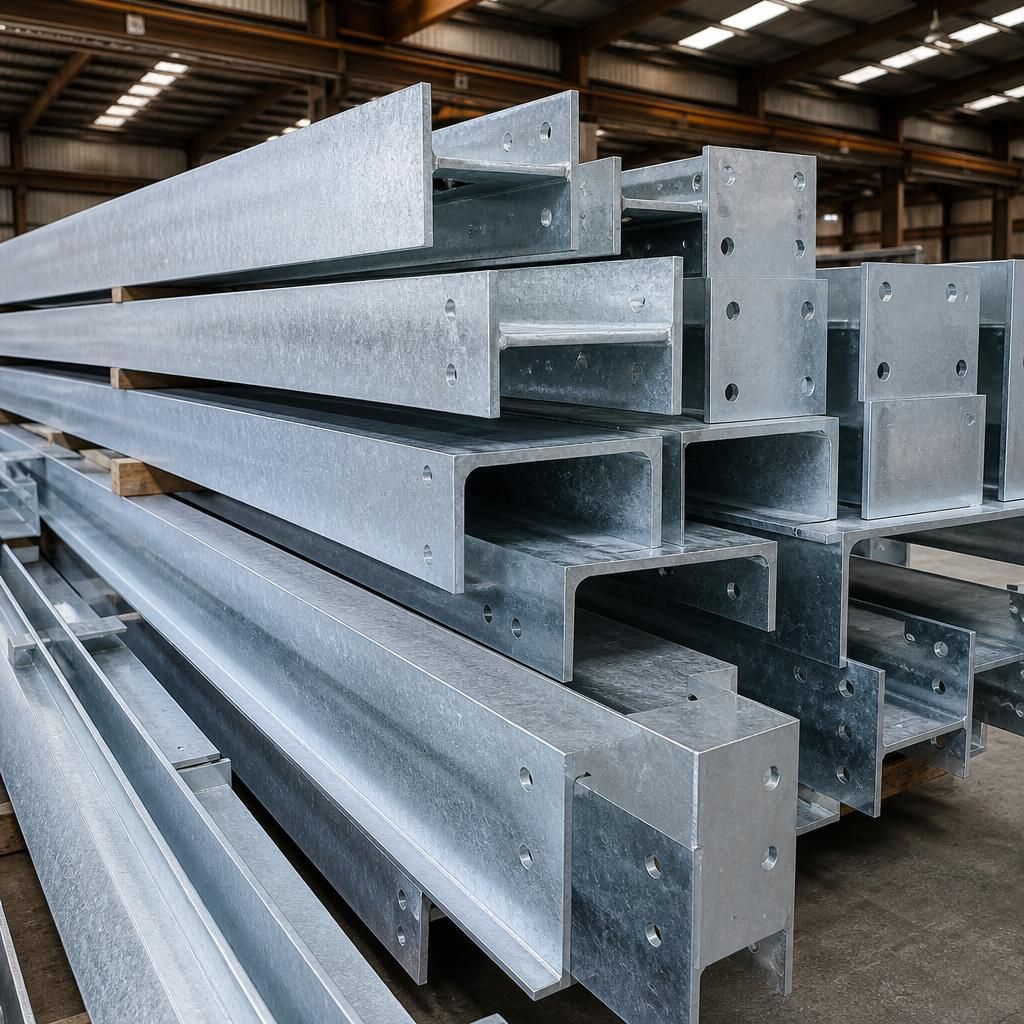 Galvanised steel beams with a silver zinc coating