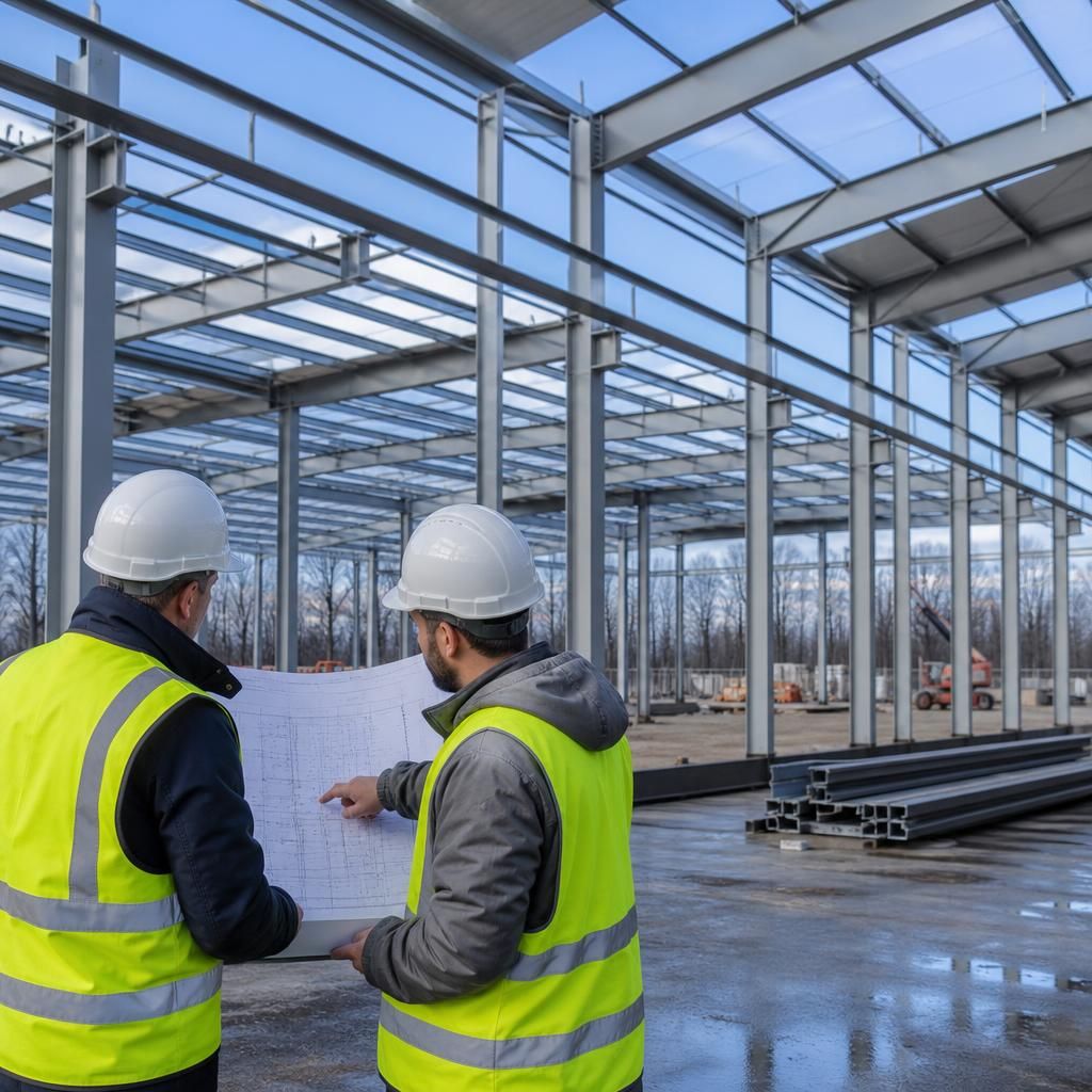 Steel frame connections and members being checked during fabrication
