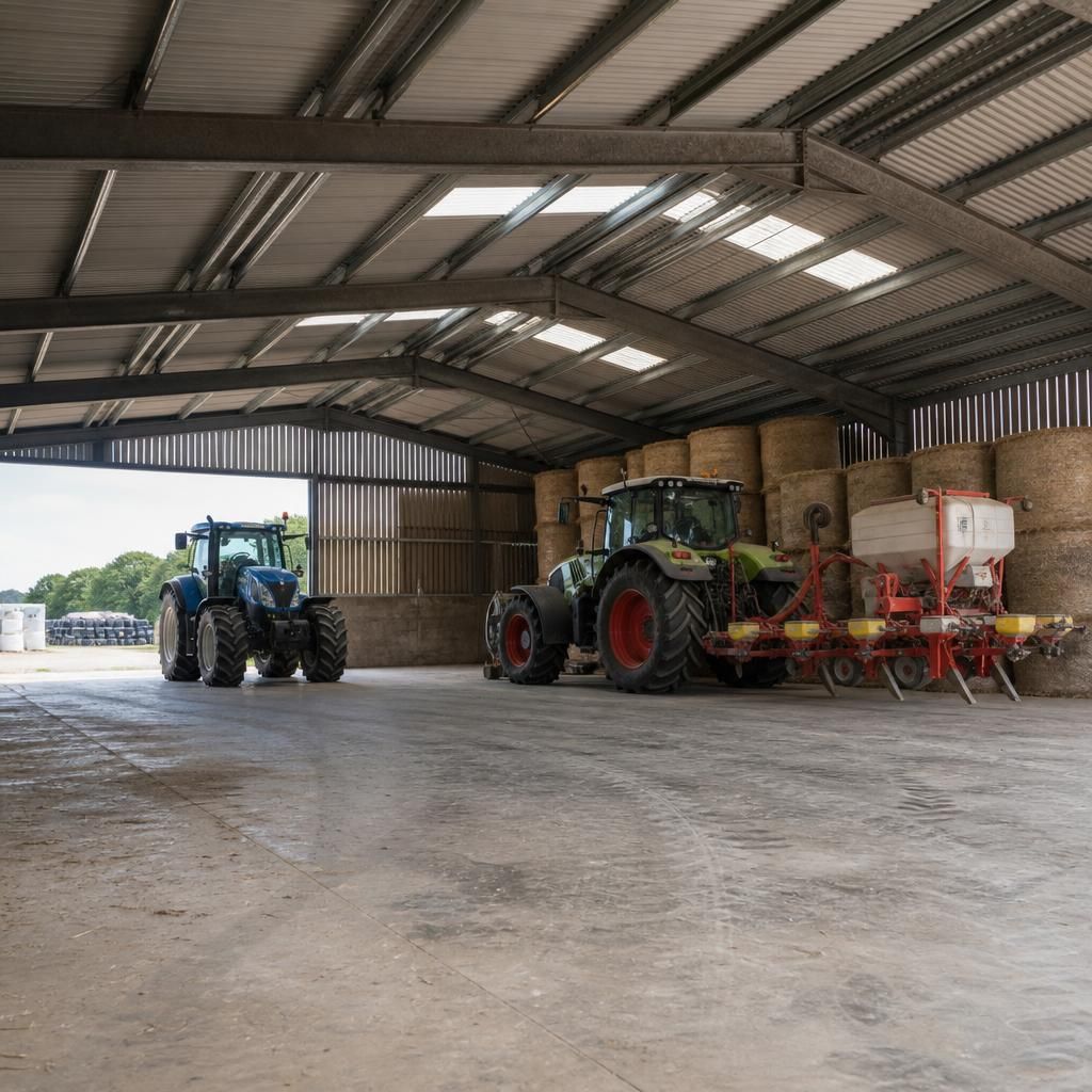 Steel portal frame agricultural building with open bays and machinery storage area