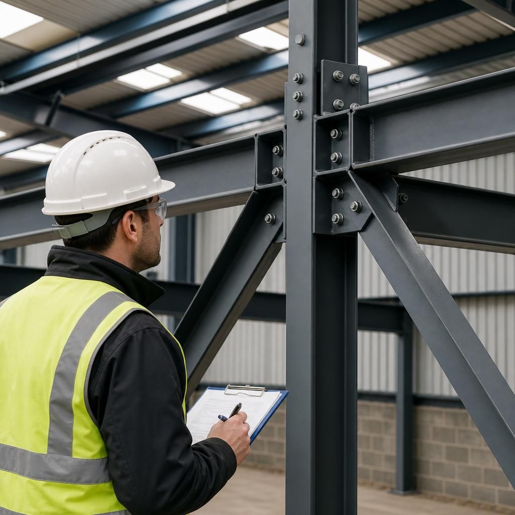 Structural engineer inspecting steel frame connections and bracing inside a building
