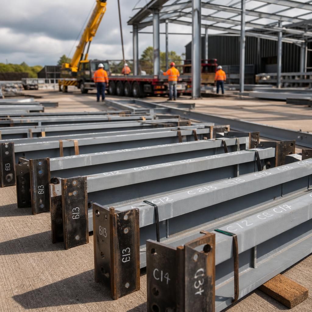 Marked steel frame components arranged for reassembly