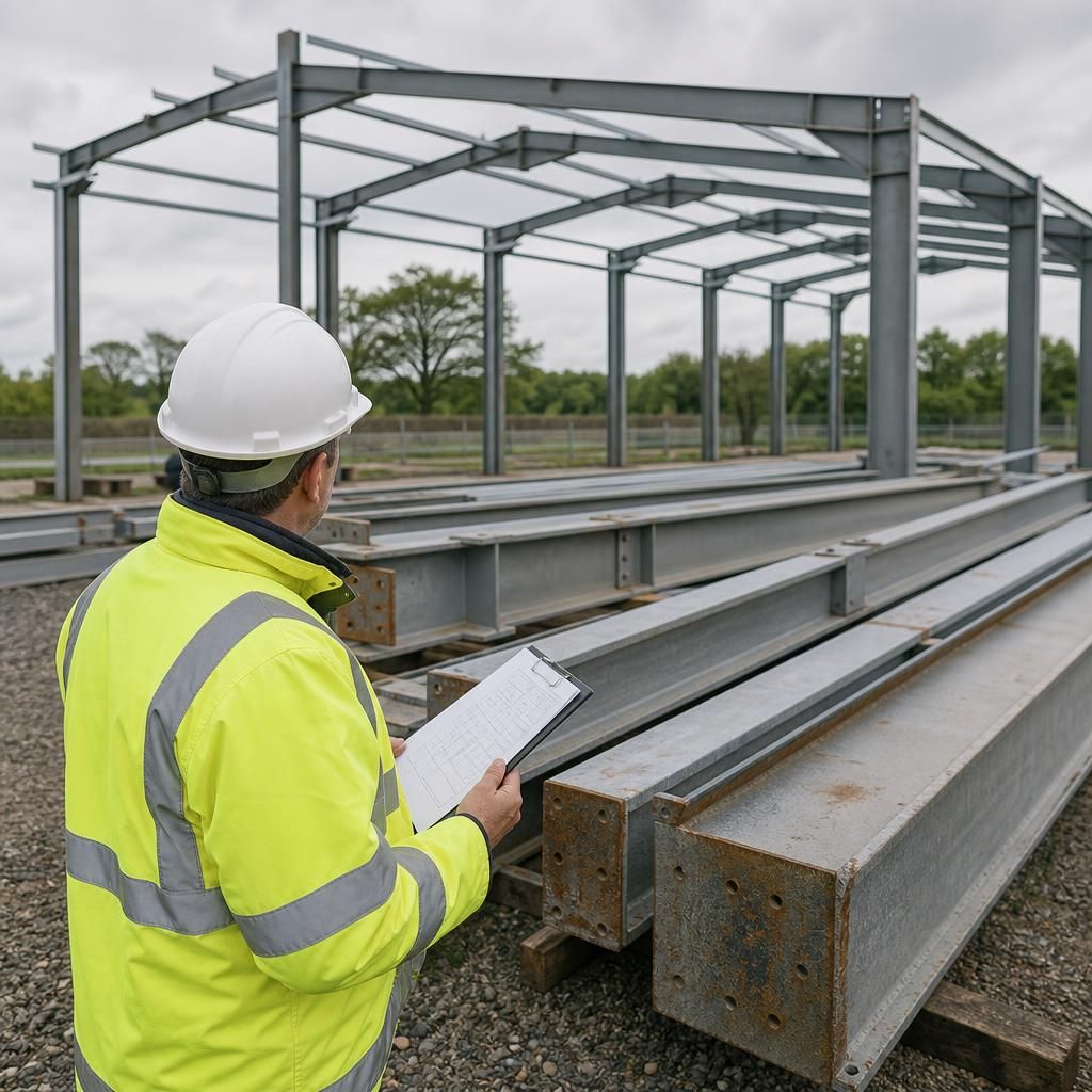 Engineer inspecting a dismantled steel portal frame before its proposed reuse