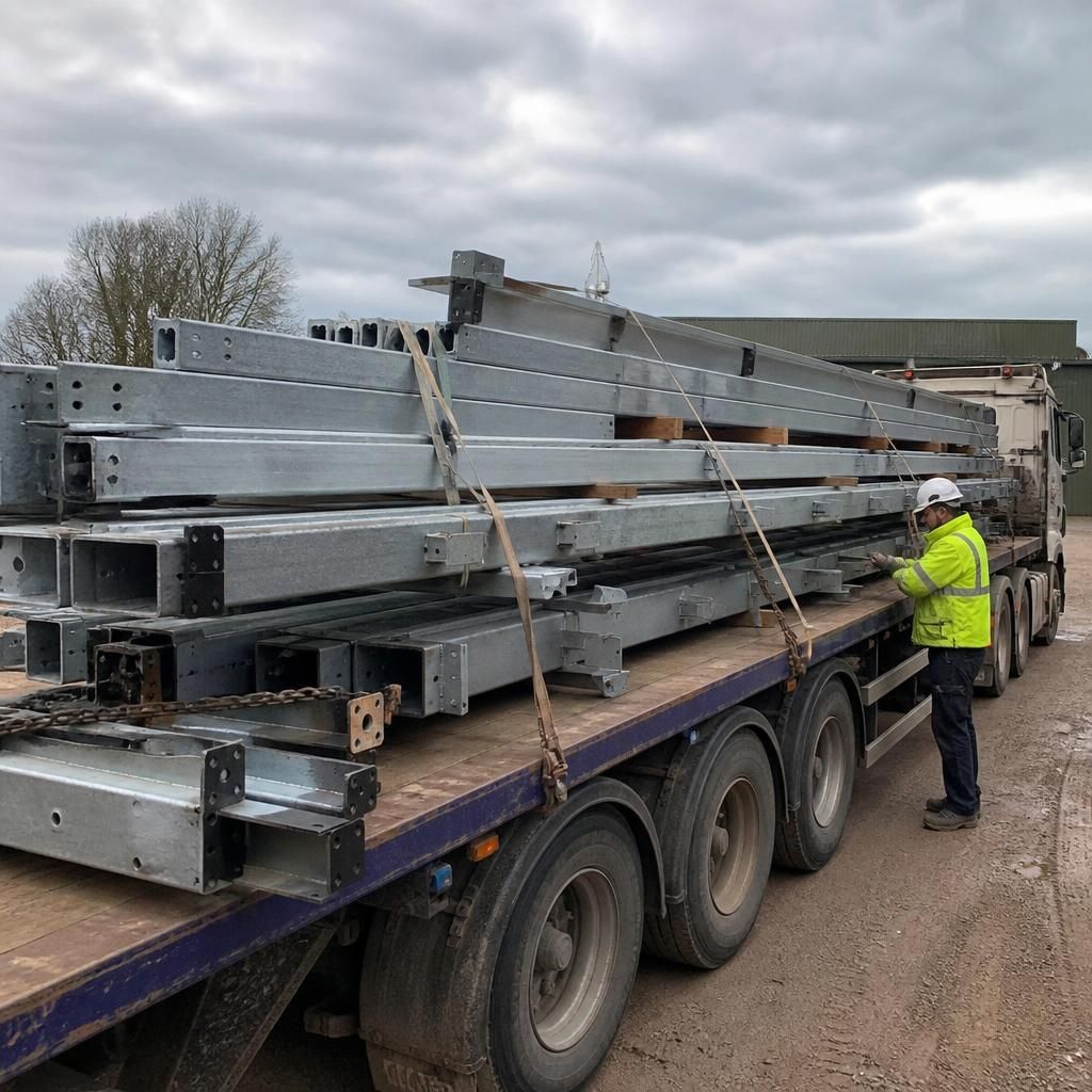 Bundled steel portal frame components loaded onto a flatbed trailer