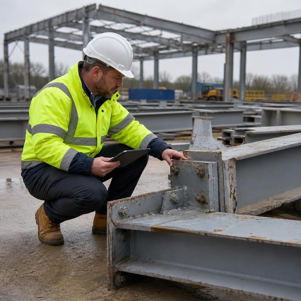 Structural engineer examining steel joints and members of a dismantled portal frame
