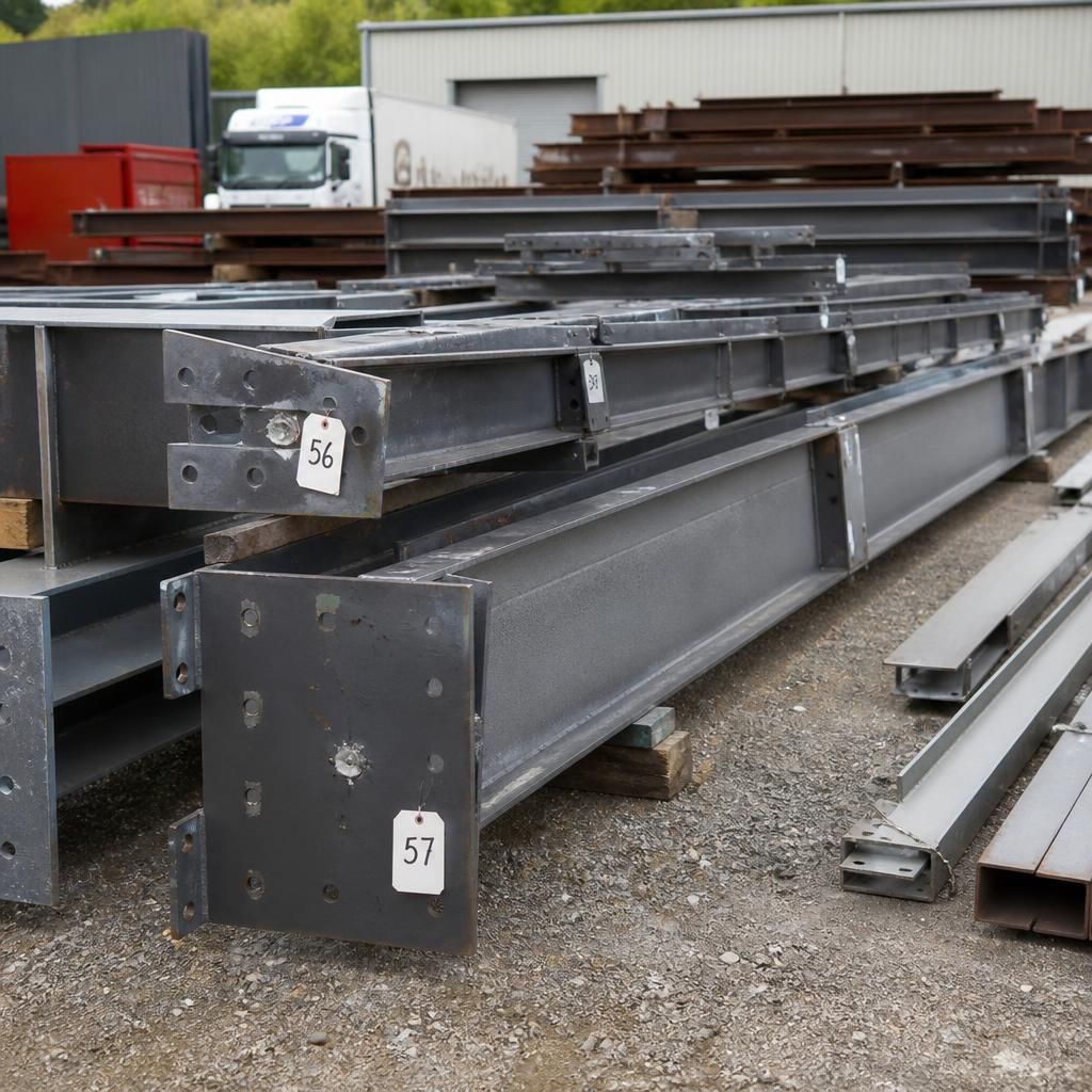 Numbered steel portal frame members arranged for identification before reassembly