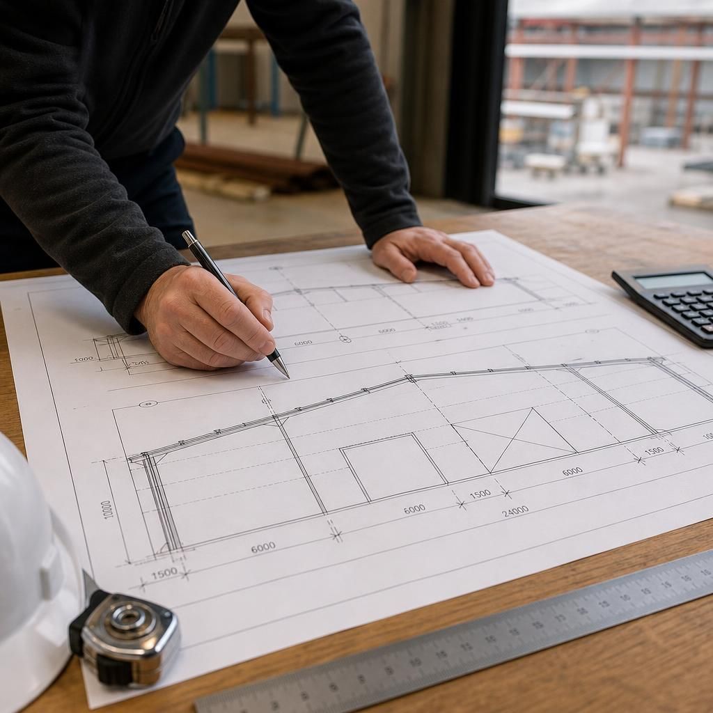 Survey drawing showing dimensions and proposed openings for a used steel portal frame building
